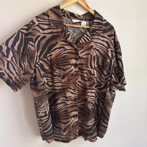 90s Vintage 100% Silk Black and Brown Zebra Button Up Shirt Size 18/20